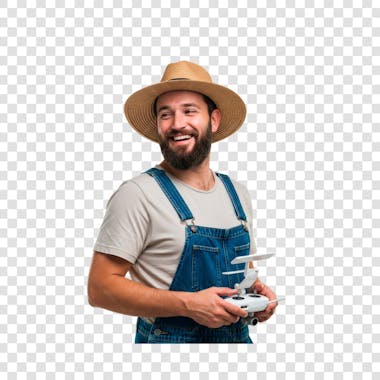 High-quality PNG image of a cheerful farmer wearing a straw hat and denim overalls holding a drone controller. Transparent background allows easy overlay on any project. Predominant colors are blue, beige, and light gray.
