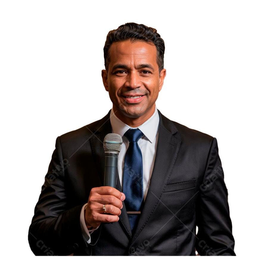 Homem de Negócios Sorrindo com Microfone