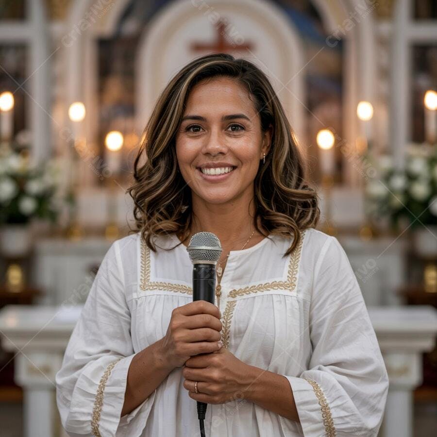Mulher sorrindo com microfone em igreja