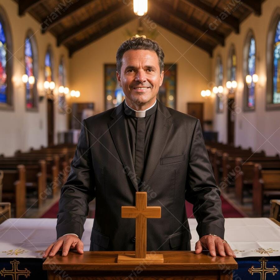 Padre sorridente em Igreja com Cruz