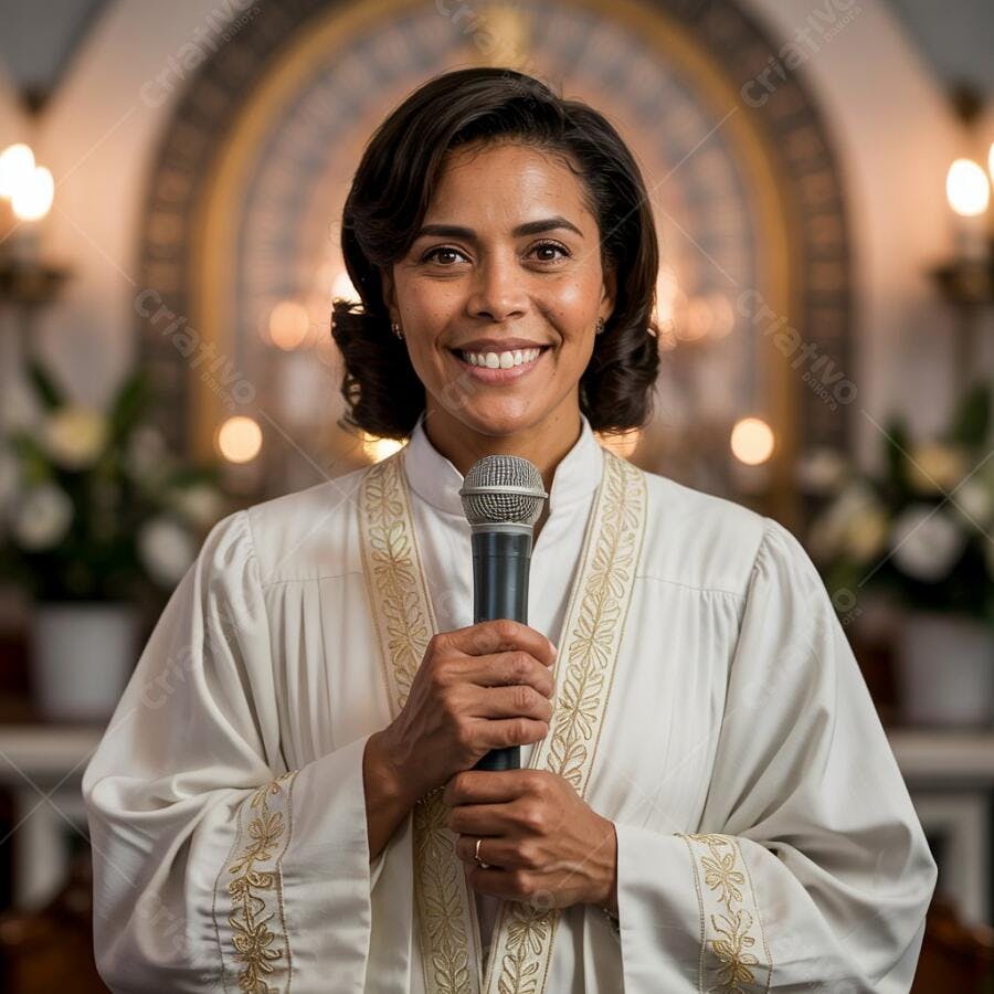 Pastora sorridente segurando microfone em igreja