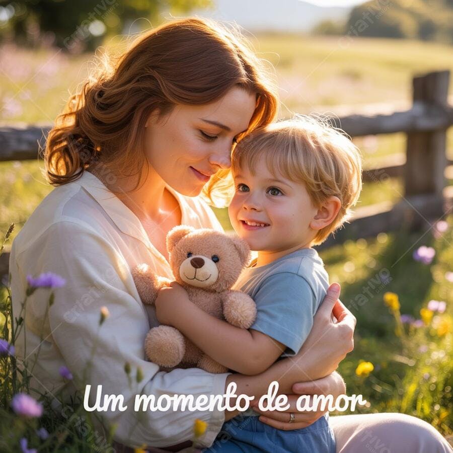 Mãe e filho abraçados com urso de pelúcia
