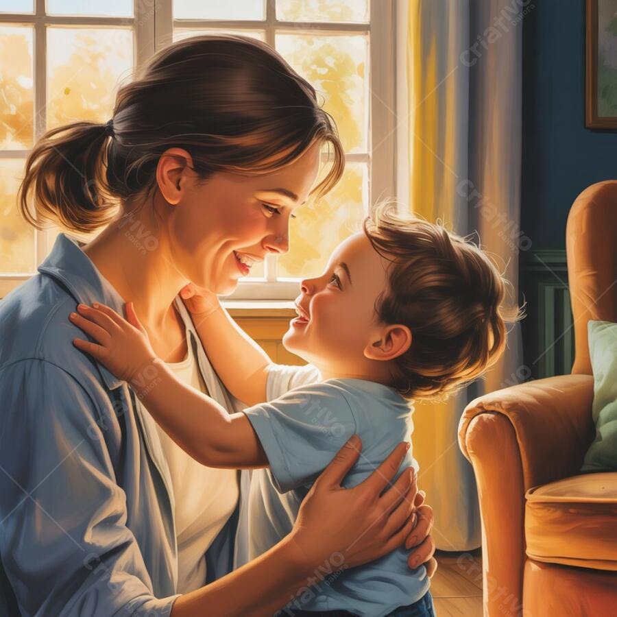 Mãe e filho abraçados em casa