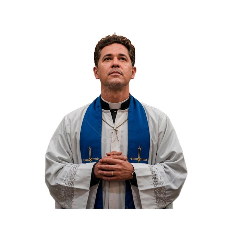 Padre em oração vestindo batina branca e estola azul