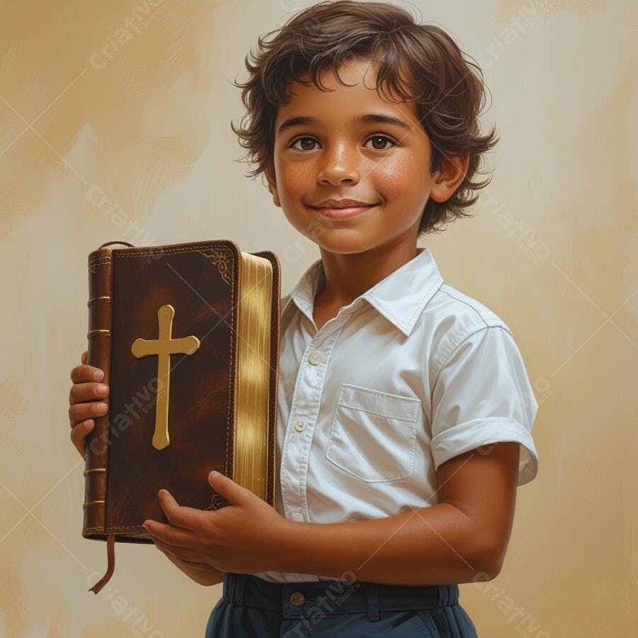 Menino segurando Bíblia com sorriso
