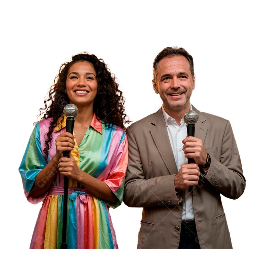 Apresentadores com microfones sorrindo