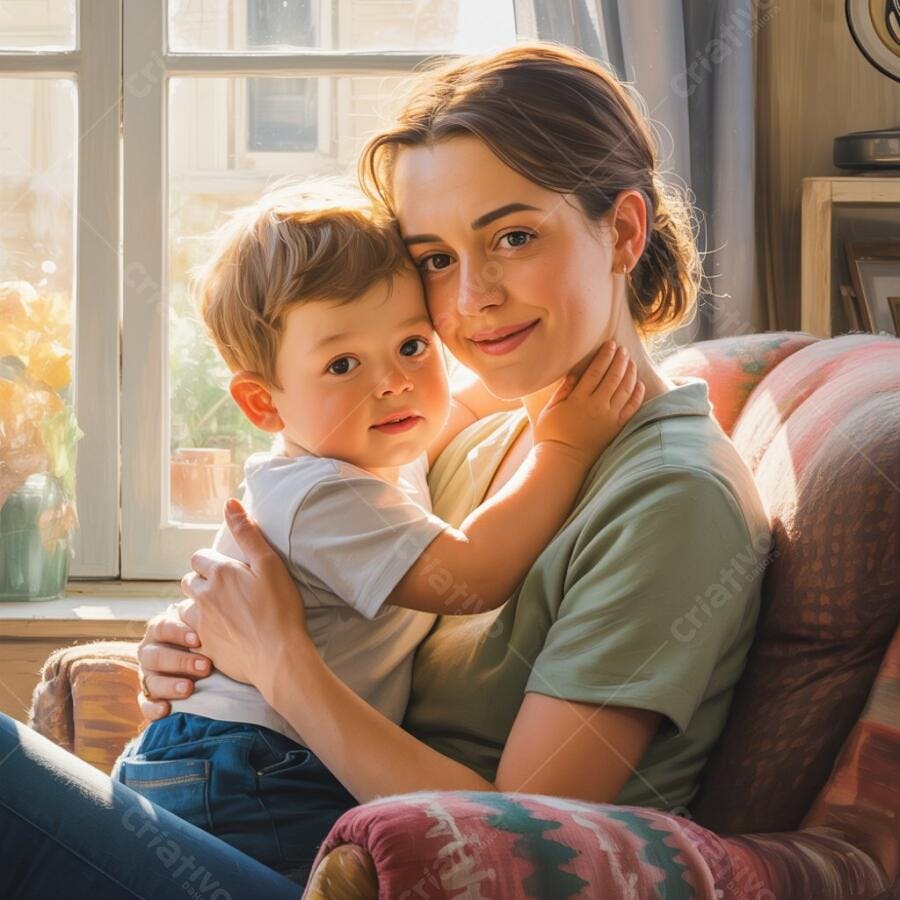 Mãe e filho abraçados em casa iluminada pelo sol