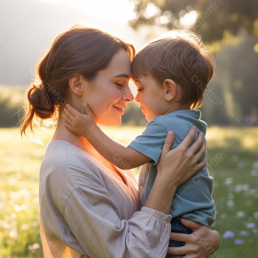 Mãe e filho abraçados ao pôr do sol