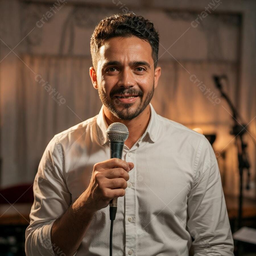 Homem com microfone palestrando evento