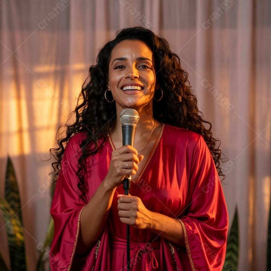 Cantora com vestido vermelho em palco iluminado