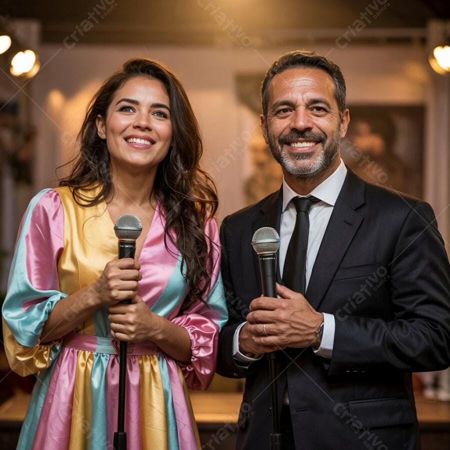 Apresentadores em evento elegante com microfones