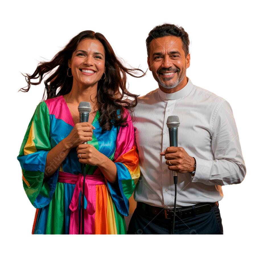 Dupla de apresentadores sorrindo com microfones