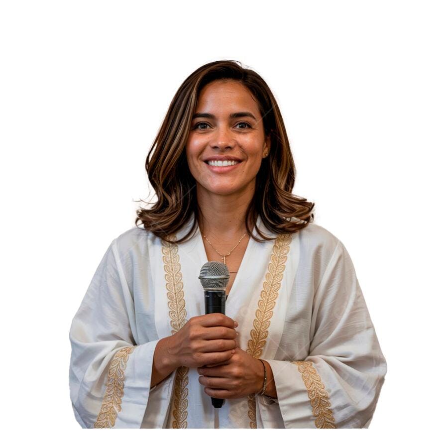 Mulher sorridente com microfone evento