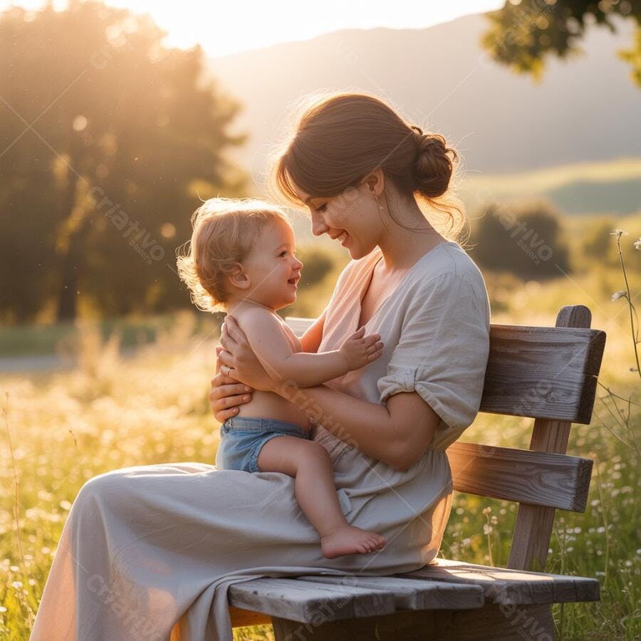 Mãe e Bebê sorrindo ao entardecer