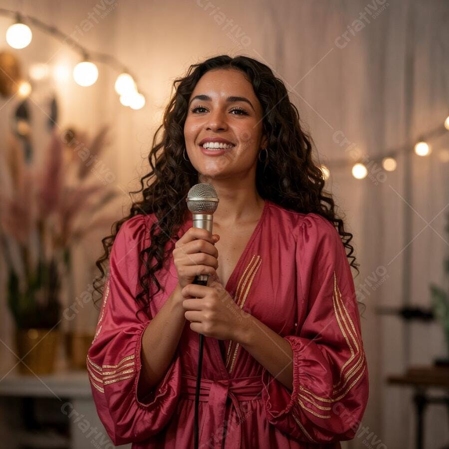 Mulher sorrindo ao microfone em festa
