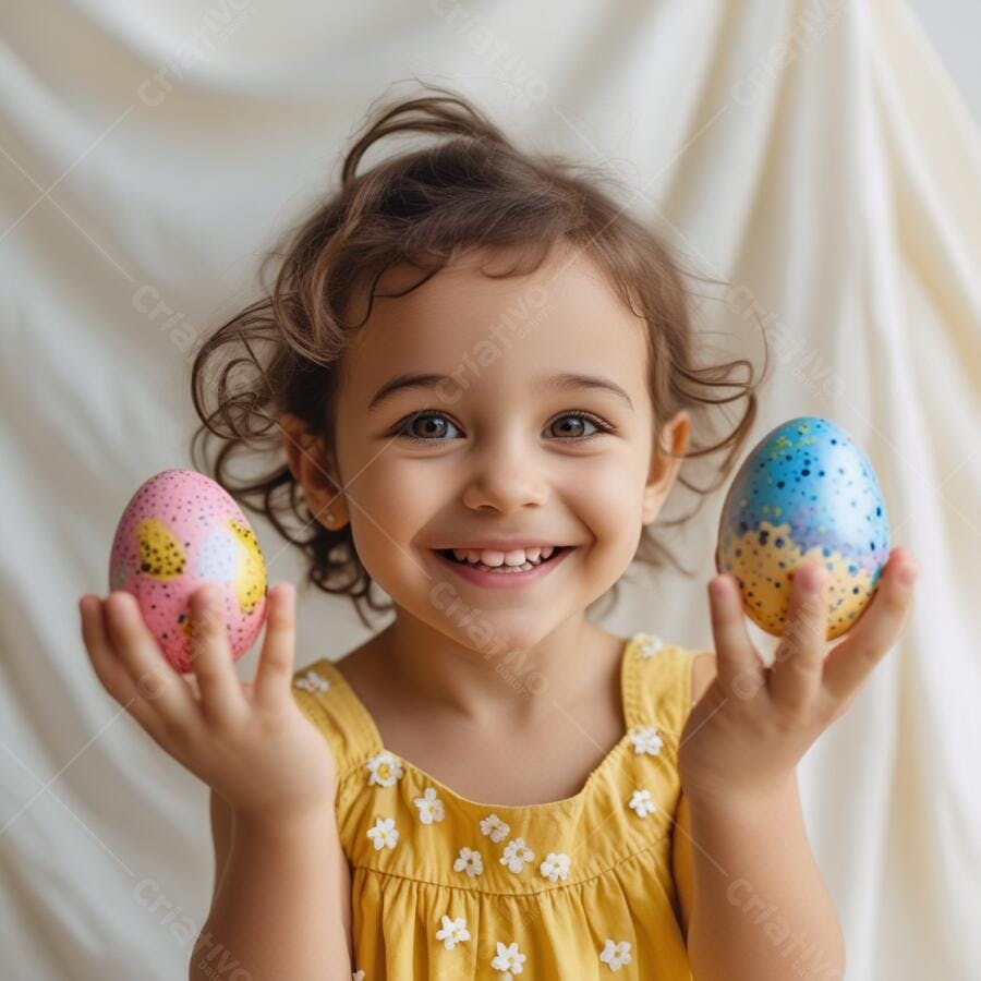 Menina feliz com ovos de Páscoa