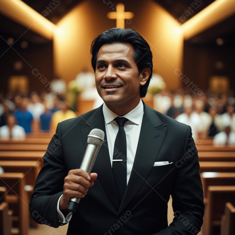 Homem latino em terno falando em igreja