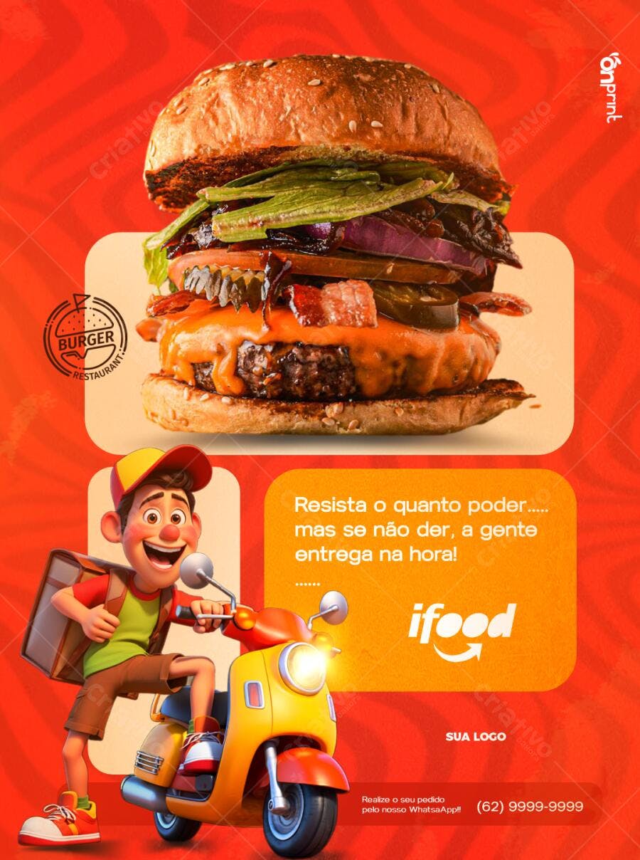 Ilustração Vetorial Burger Delivery com Motoboy 3D