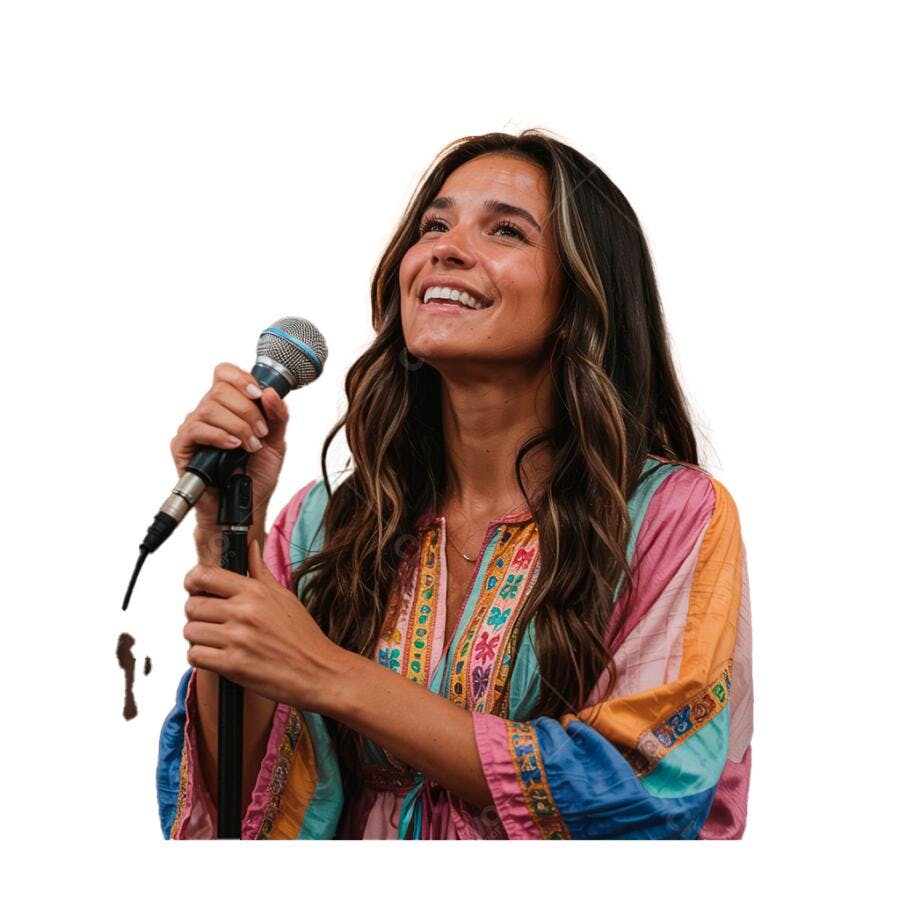 Cantora com microfone sorrindo em palco