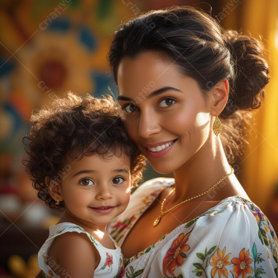 Mãe e filha sorrindo juntas em ambiente aconchegante