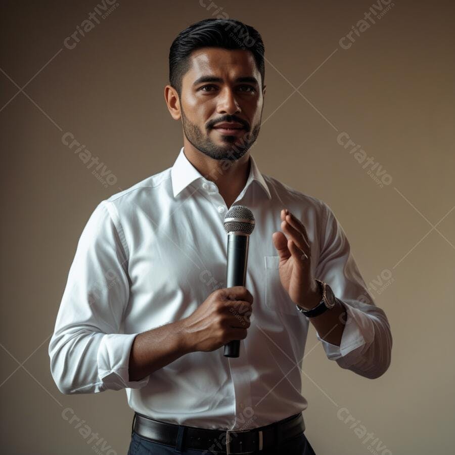 Homem de camisa branca falando ao microfone