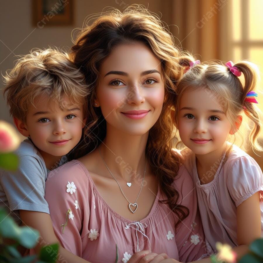 Mãe e filhos sorrindo em retrato familiar