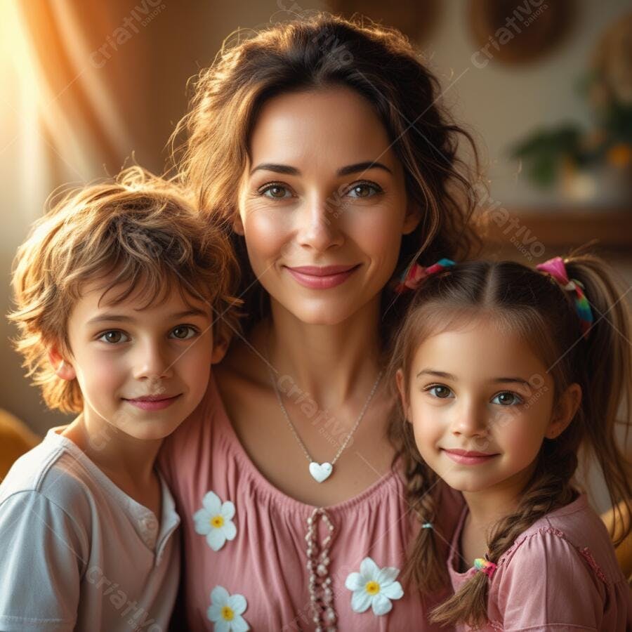 Mãe sorrindo com seus filhos abraçados