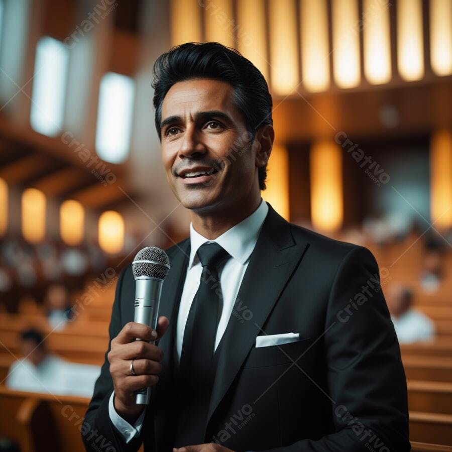 Homem de terno falando ao microfone em igreja