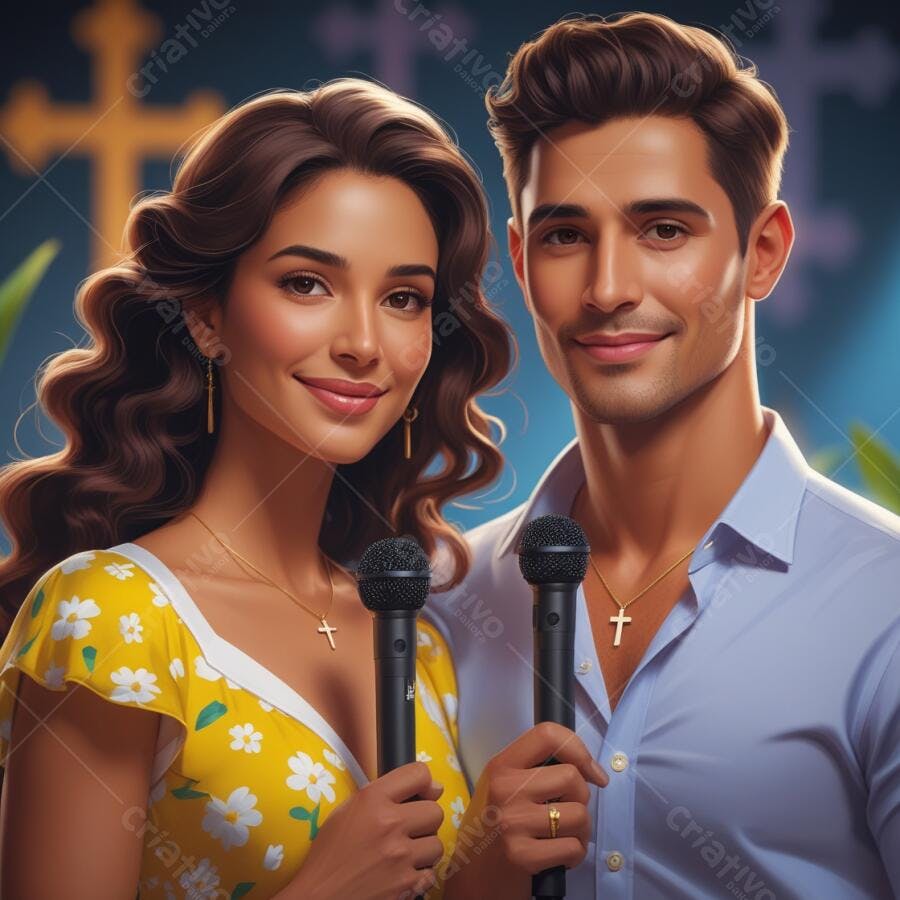 Casal latino cantando com microfones