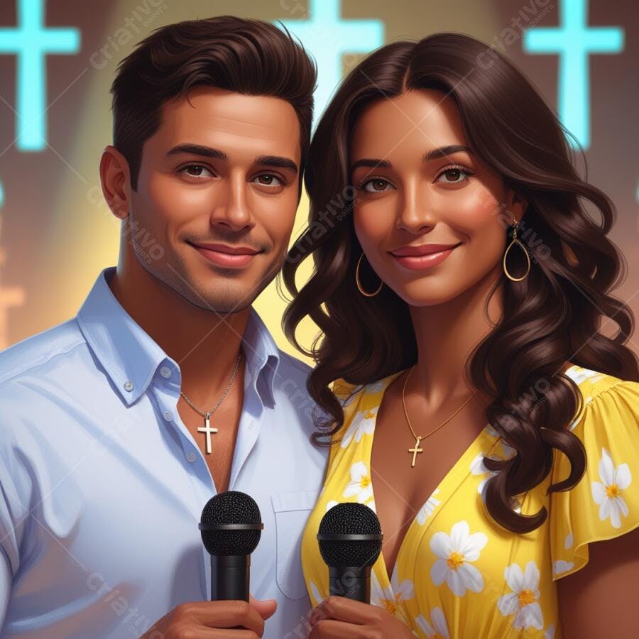 Casal cantando com microfones em palco religioso