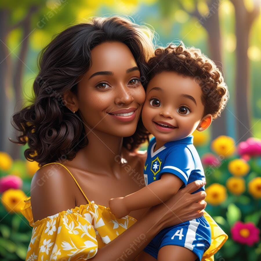 Mãe e filho afro-americanos em jardim florido