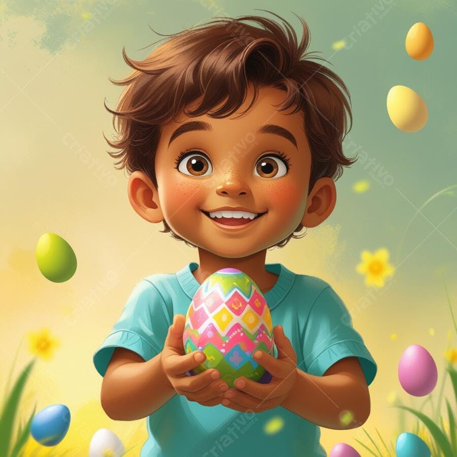 Menino feliz com ovo de Páscoa decorado