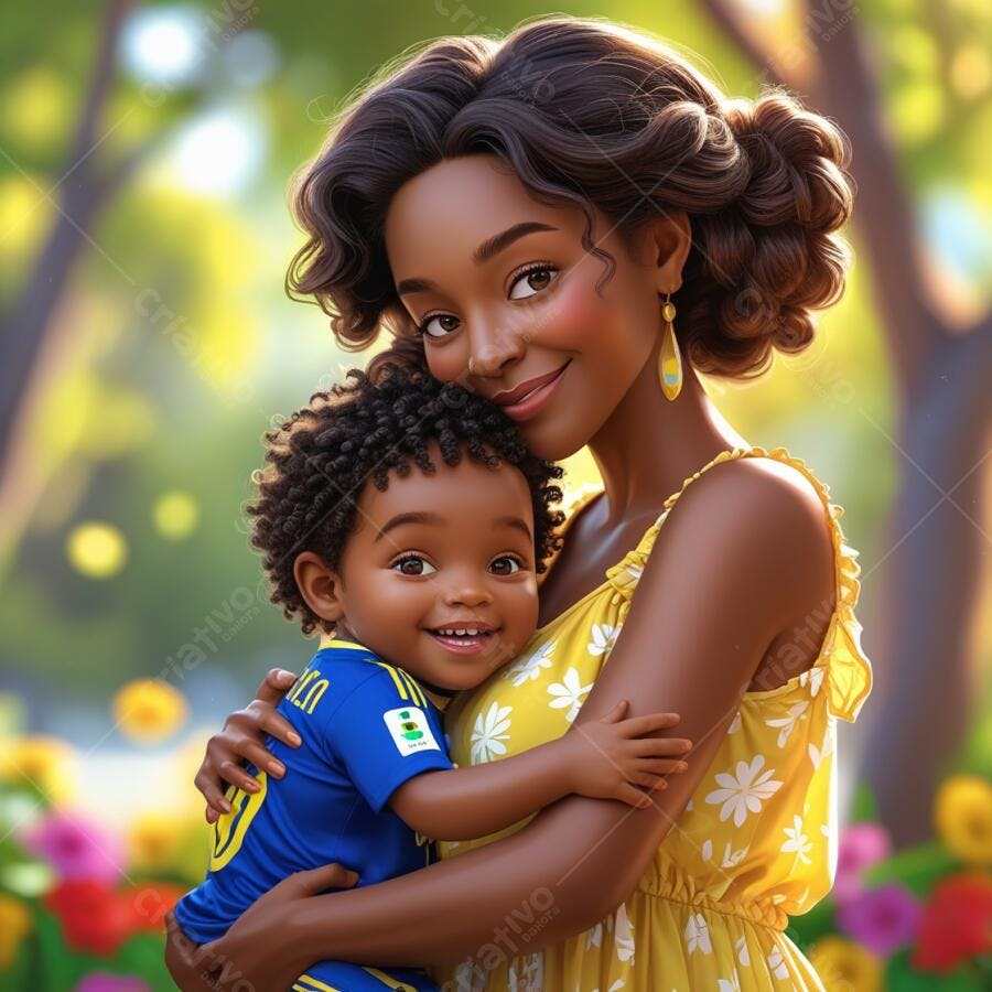 Mãe e filho negros em abraço carinhoso