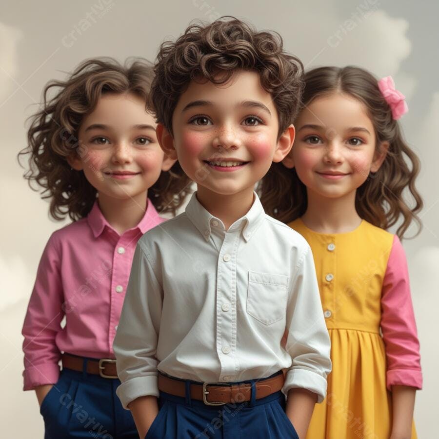 Três crianças sorrindo roupas coloridas