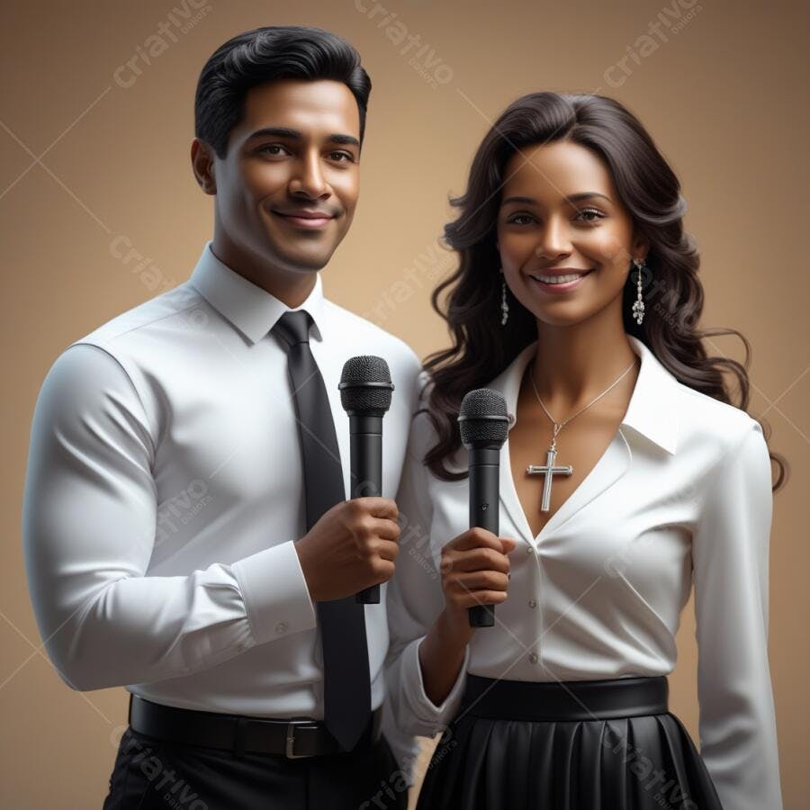 Apresentadores com microfones sorrindo