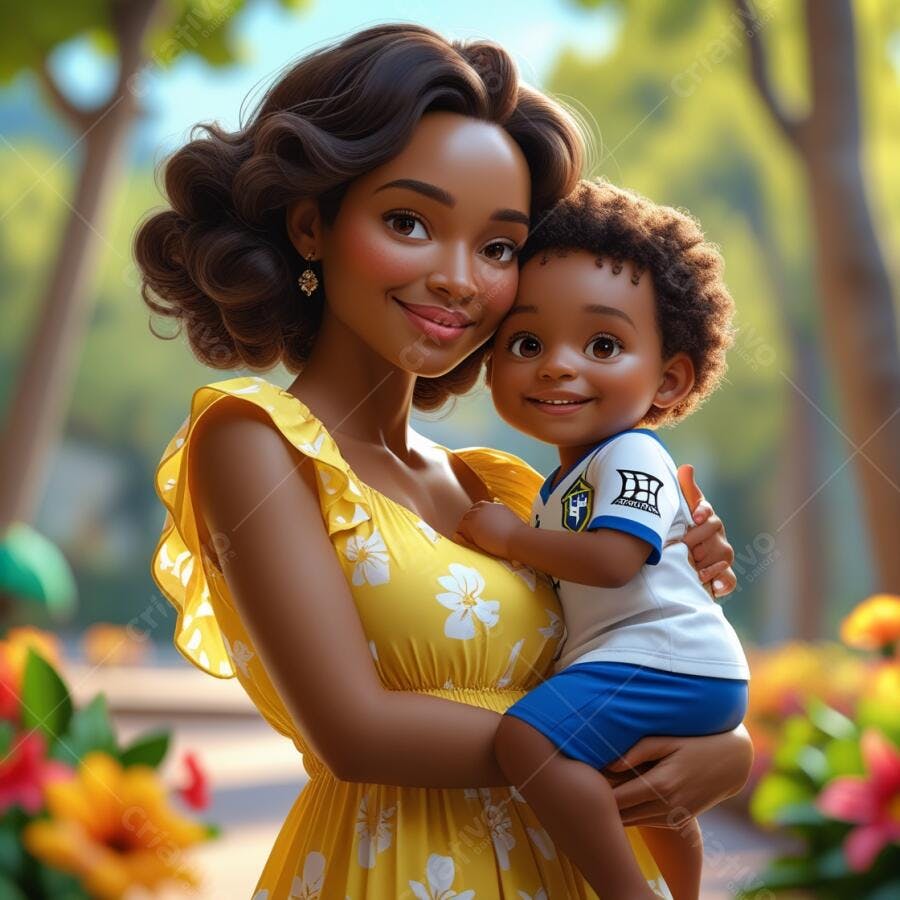Mãe e filho negros em jardim ensolarado