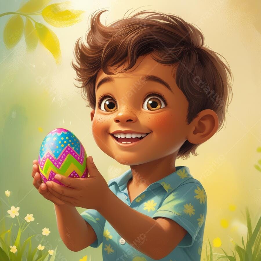 Menino feliz com ovo de Páscoa colorido