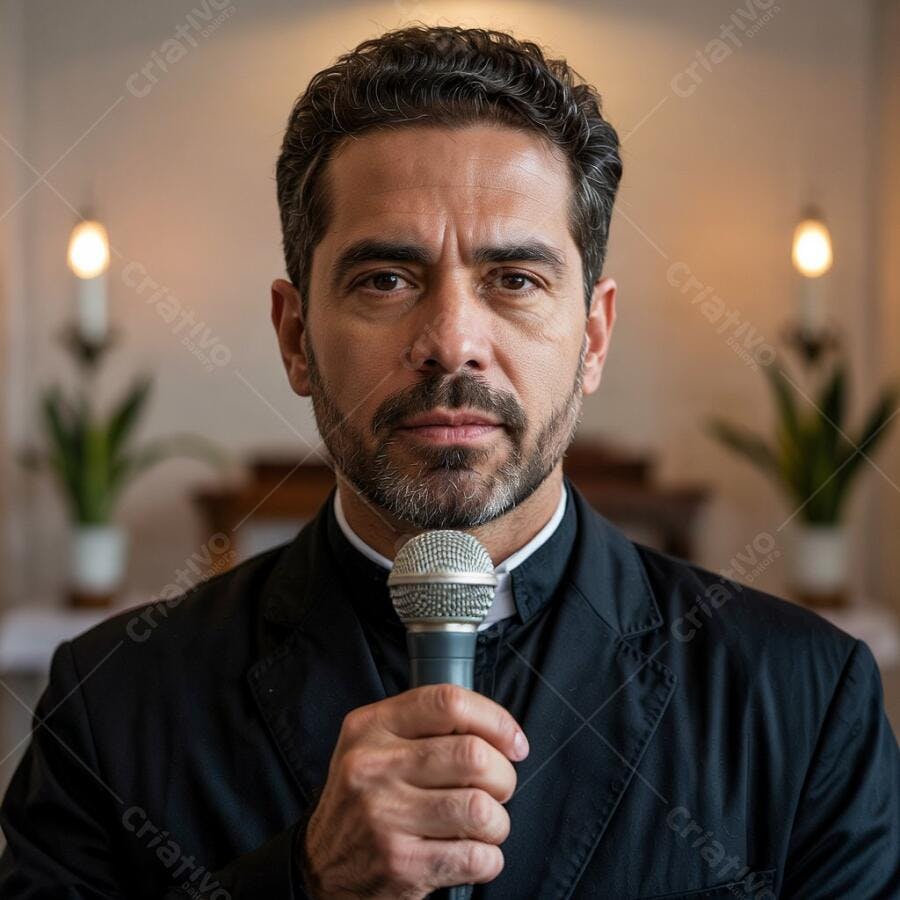 Padre segurando microfone em igreja