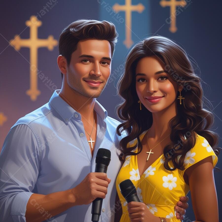 Casal cantando com microfones em igreja