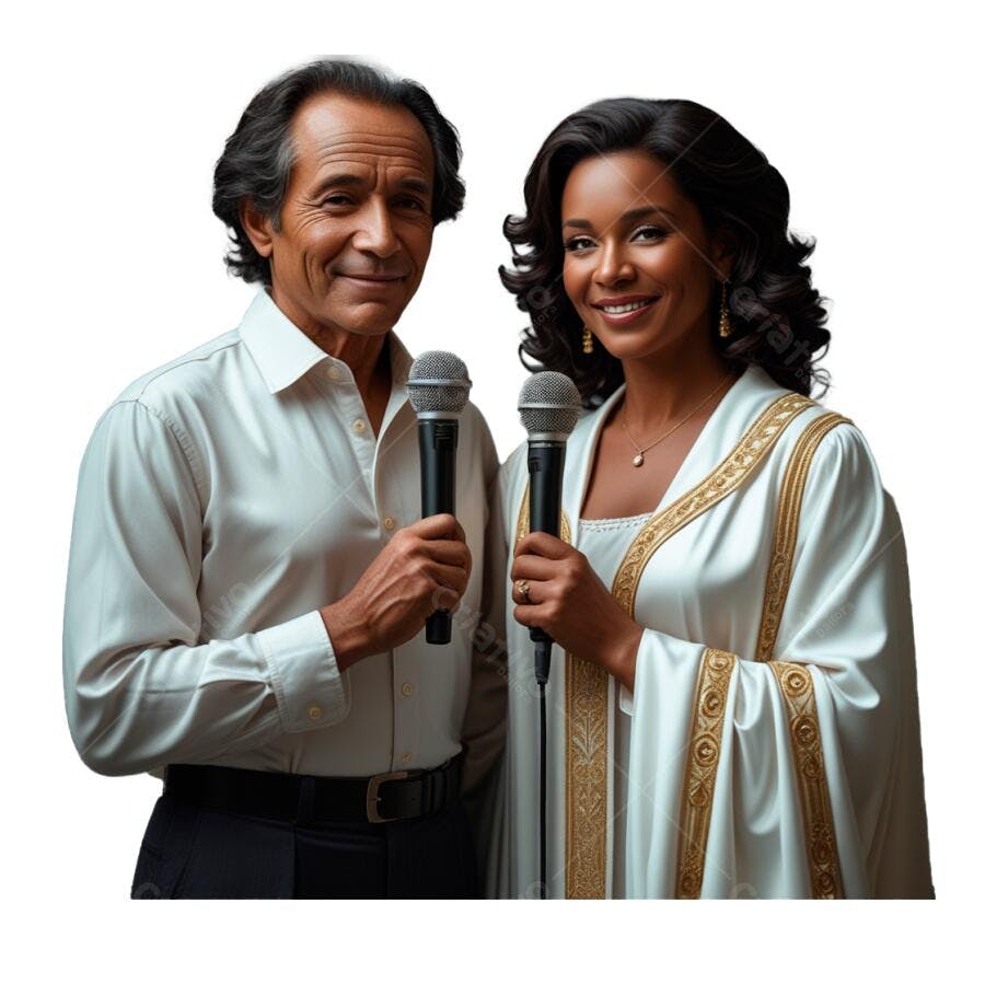 Dupla de apresentadores com microfones