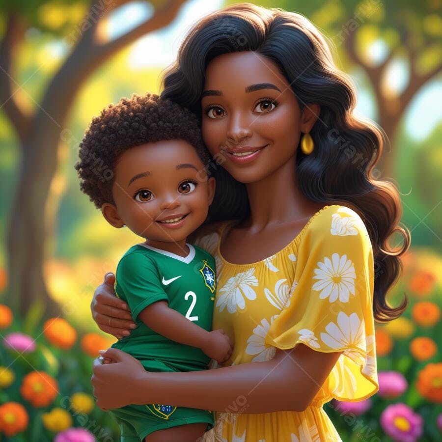 Mãe e filho abraçados em jardim florido