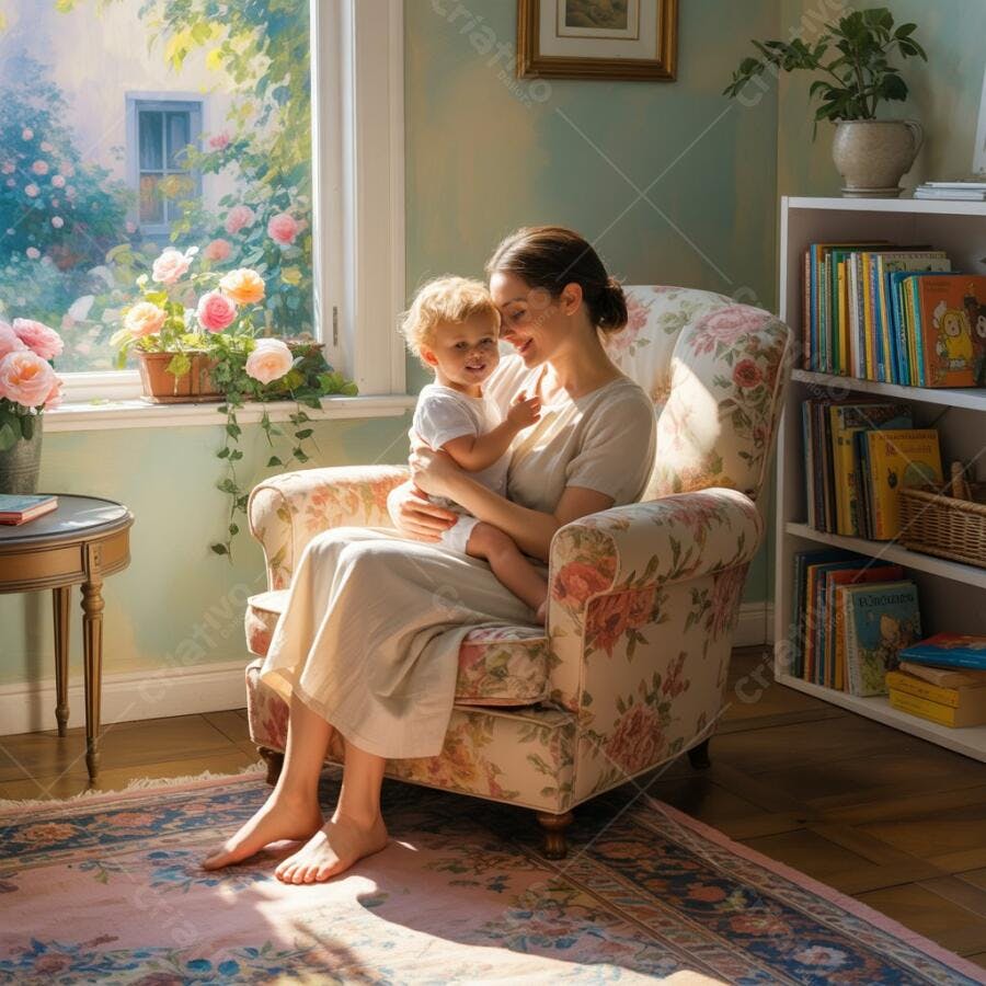 Mãe e bebê em poltrona floral aconchegante