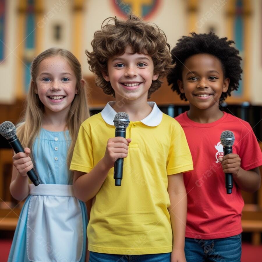 Crianças sorrindo com microfones em igreja