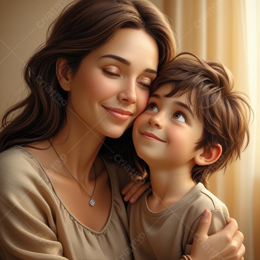 Mãe e filho abraçados em tons terrosos