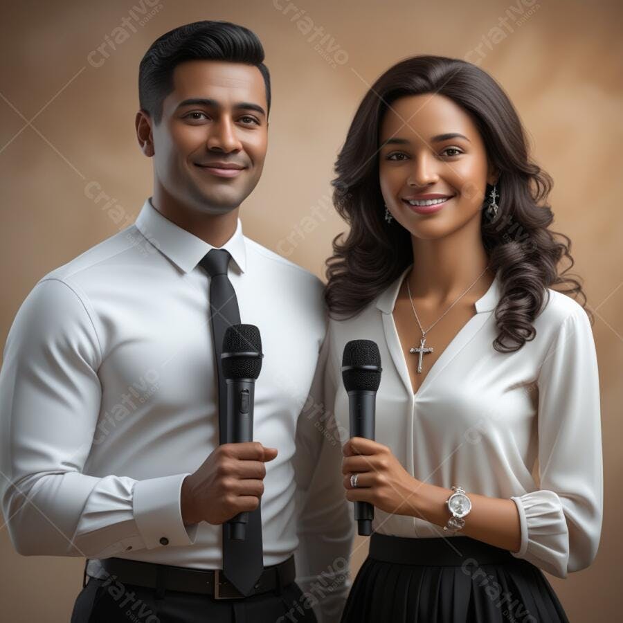 Apresentadores de TV sorrindo com microfones