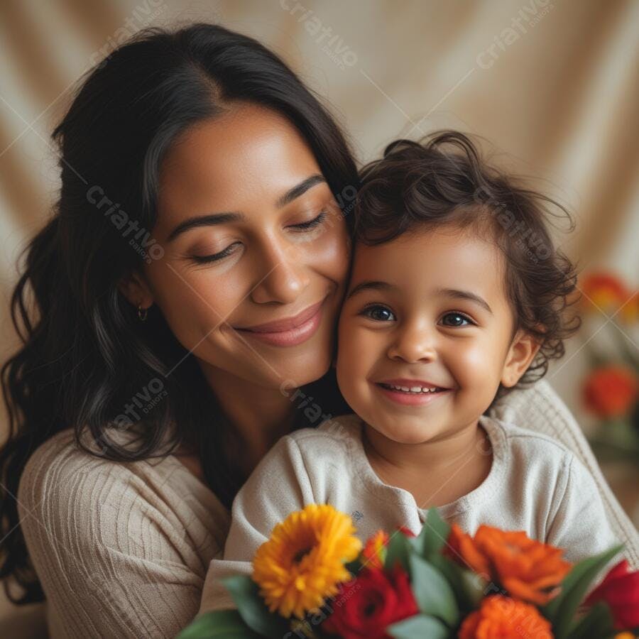 Mãe e filho sorrindo com flores