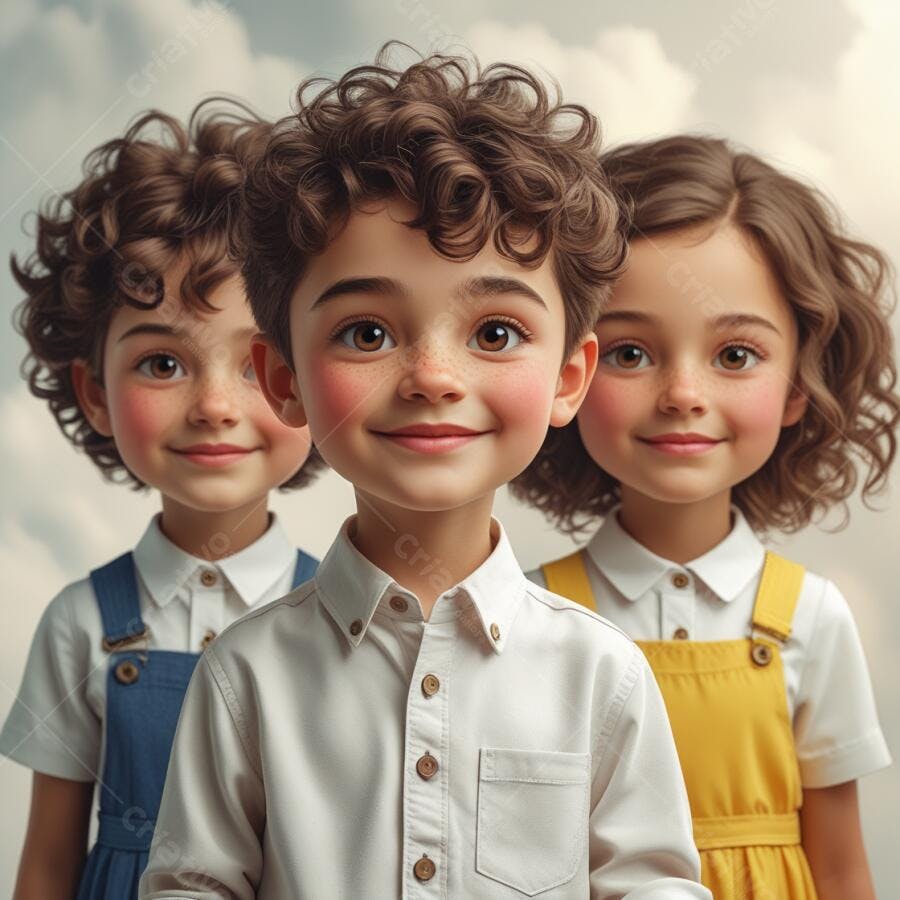 Três crianças sorrindo retrato estilo cartoon