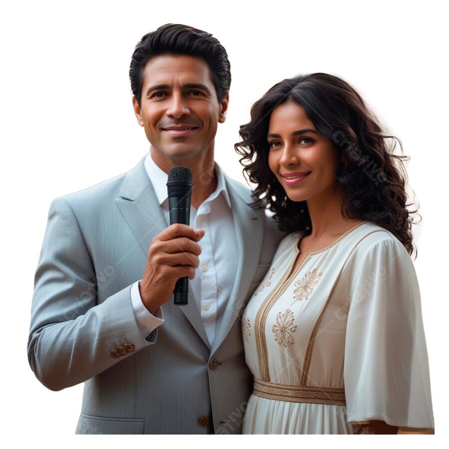 Casal elegante com microfone em evento