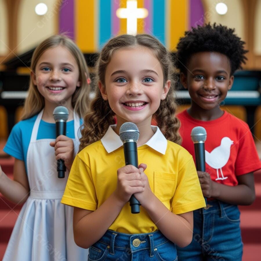 Crianças sorrindo com microfones em igreja