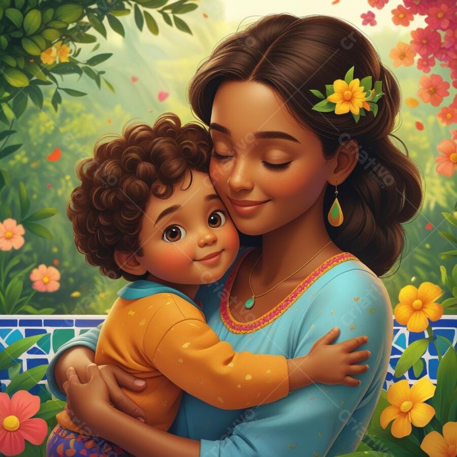 Mãe e filho abraçados jardim florido
